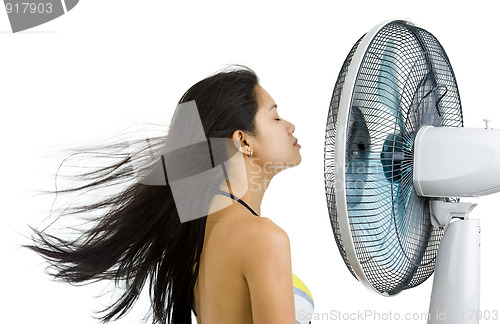 Image of pretty woman enjoying fan blowing