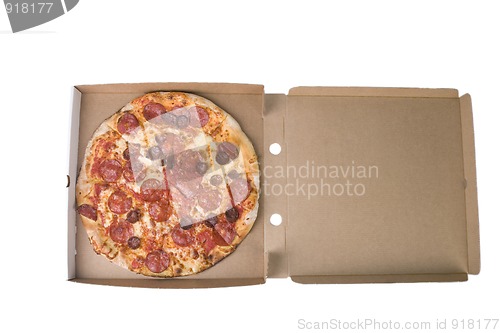 Image of spicy pizza on carboard box