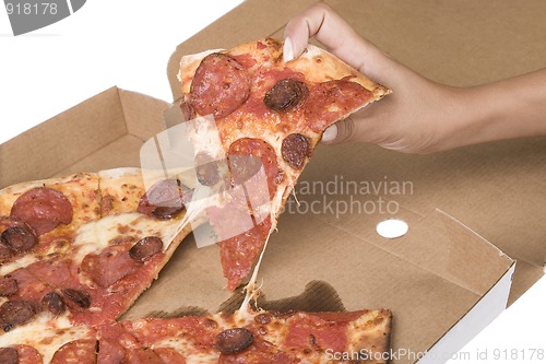 Image of spicy pizza on carboard box