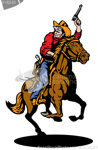 Image of cowboy riding horse with gun