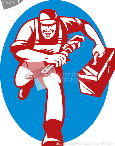 Image of Plumber with monkey wrench and toolbox 