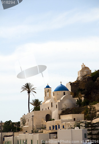 Image of Greek Island church blue dome Ios Cyclades Islands