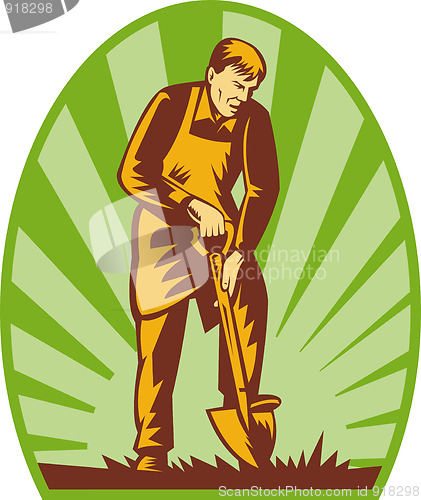 Image of Gardener or farmer digging with shovel