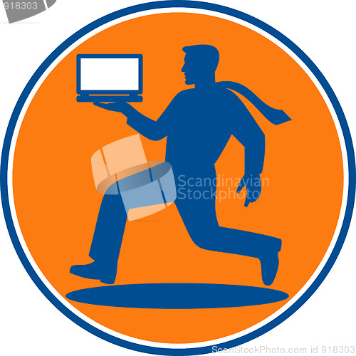 Image of man carrying laptop computer running