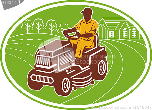 Image of gardener riding lawn mower