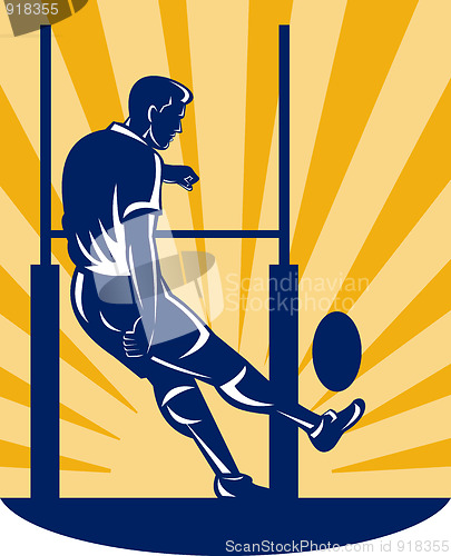 Image of rugby player kicking at goal post