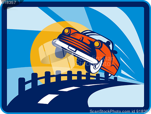 Image of vintage convertible car flying
