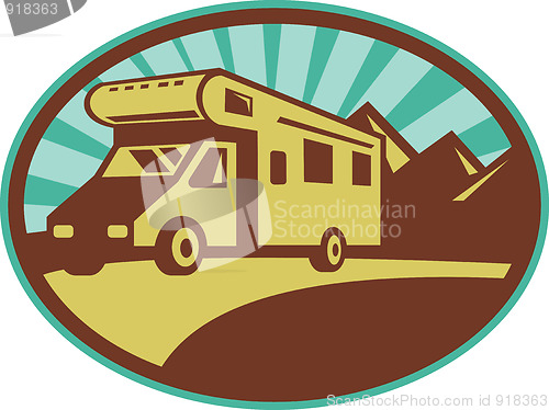 Image of Camper van traveling with mountains