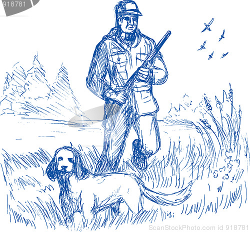 Image of Hunter and trained pointer gun dog hunting