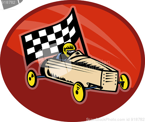 Image of Soap box derby racing with race flag