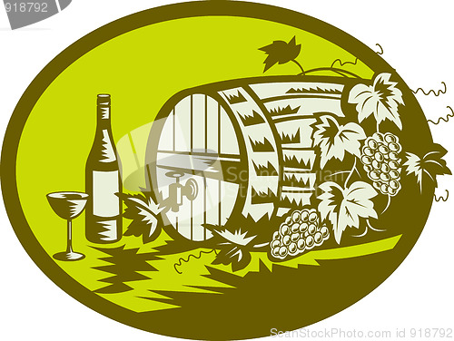 Image of Wine barrel or wooden keg with grape vine and fruit and wine bottle