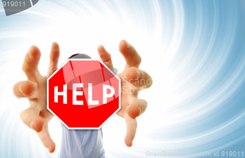 Image of Man grabing a help sign.