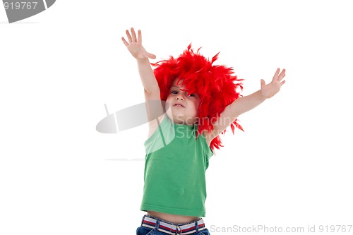 Image of kid wearing a red feather wig