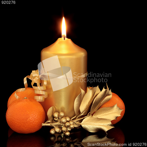 Image of Christmas Candle, Holly and Fruit