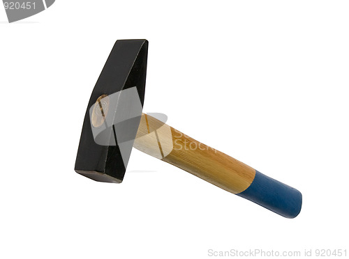 Image of Hammer with wood handle on white background
