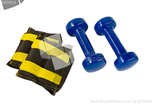 Image of Blue fitness dumbbells and foot weights with clipping path