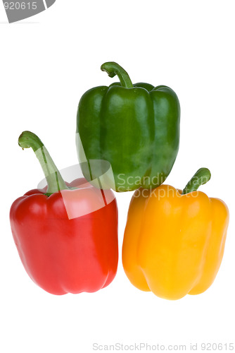 Image of Red, green and yellow bell peppers