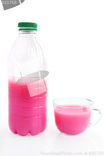 Image of Bottle and a cup with a pink drink