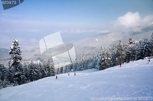 Image of Ski slope and winter mountains panorama