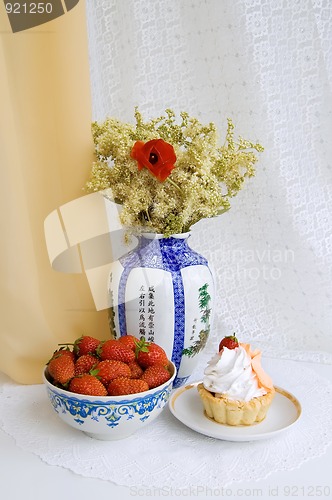 Image of Still life with strawberries and cake