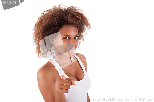 Image of beautiful young black woman, pointing