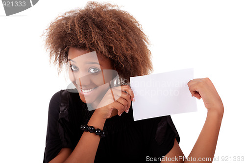 Image of beautiful black woman person with blank business card in hand