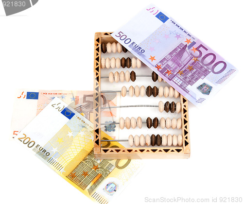 Image of Wooden abacus and bills euro