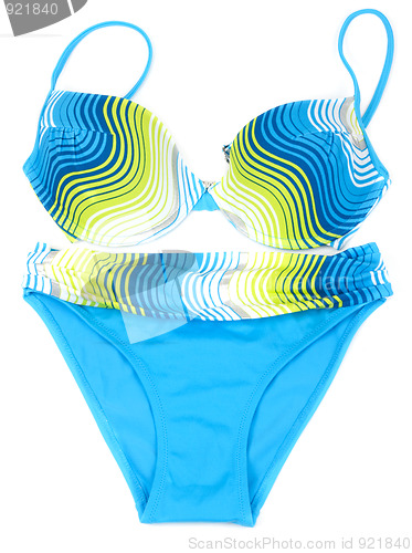 Image of Blue swimsuit with yellow strip