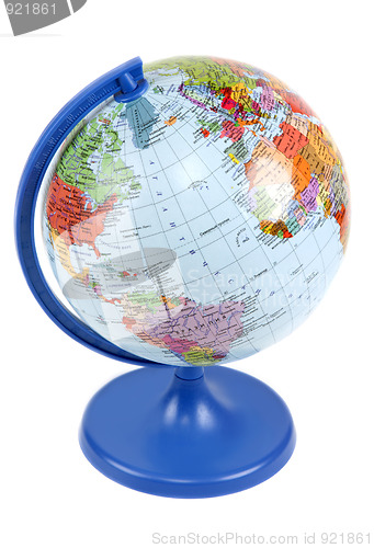 Image of Globe on blue stand insulated on white background