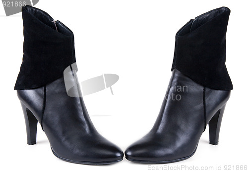 Image of Black feminine leather boots with suede insertion