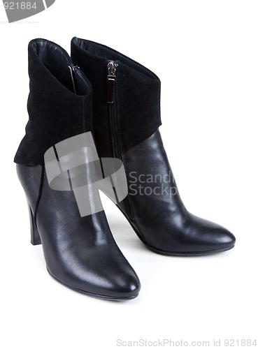 Image of Black feminine leather boots with suede insertion