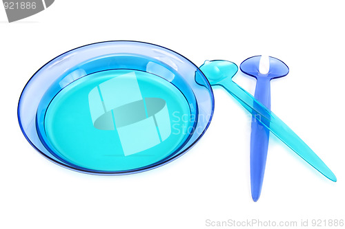 Image of Blue plastic dishes, spoon, fork