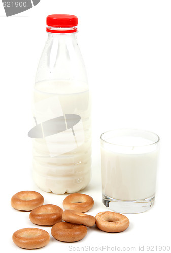 Image of Bottle and glass milk with bagel