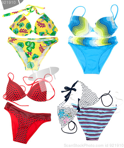 Image of Collage from feminine varicoloured swimsuit on white background.