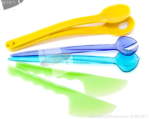 Image of Colour plastic dishes, fork, spoon, knife
