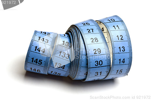 Image of Blue tape measure isolated on white 