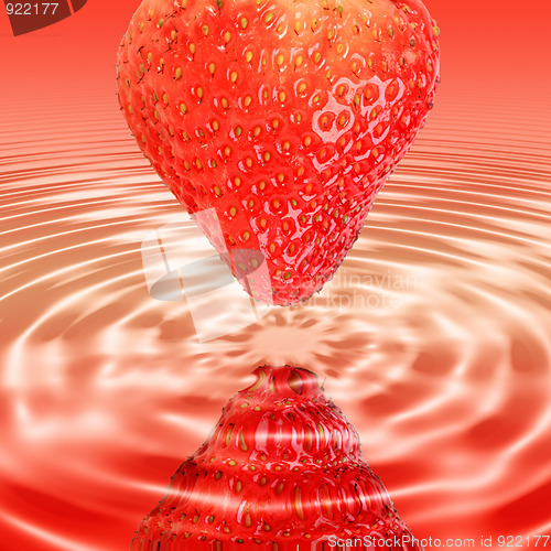 Image of Reflection a single red strawberry in juice