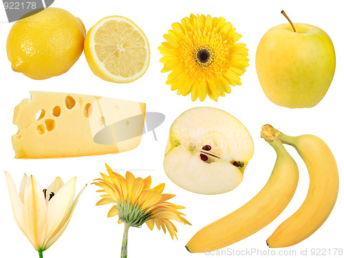 Image of Set of yellow fruits, food and flowers