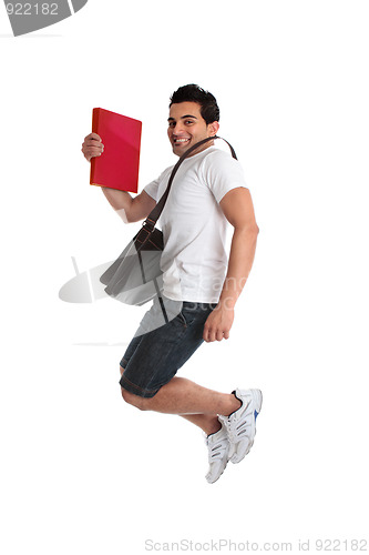 Image of Excited man student jumping