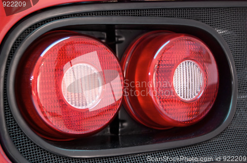 Image of Closeup shot of a tail light on red sports car. 