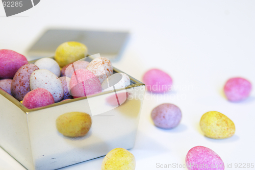 Image of Mini candy chocolate eggs in a polished silver box