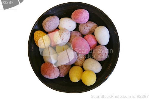 Image of Mini candy chocolate eggs in a round dish (isolated)