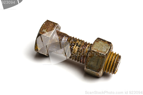 Image of Rusty bolt with nut isolated on white