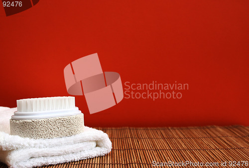 Image of Pumice brush and towel at a spa - copy space