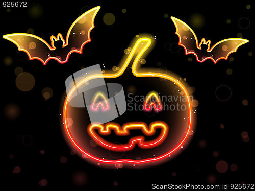 Image of Halloween Neon Background with Pumpkin and Bats