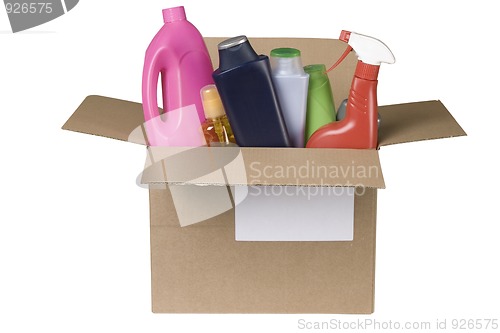 Image of cleaning products in cardboard box