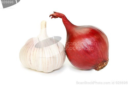 Image of Purple onion and garlic isolated on white