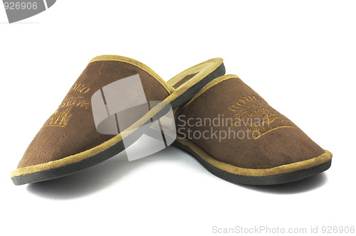 Image of Pair of brown men`s slippers isolated on white