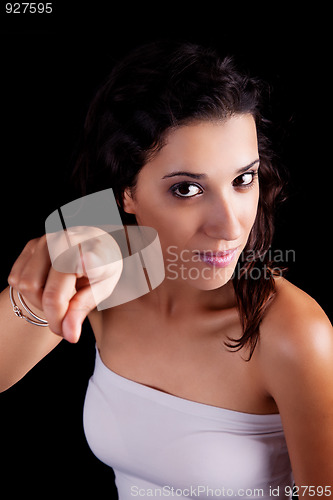 Image of beautiful woman pointing