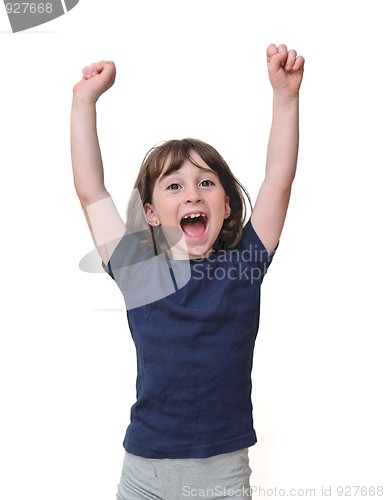 Image of Cute little years girl raises her hands in a victory sign isolated